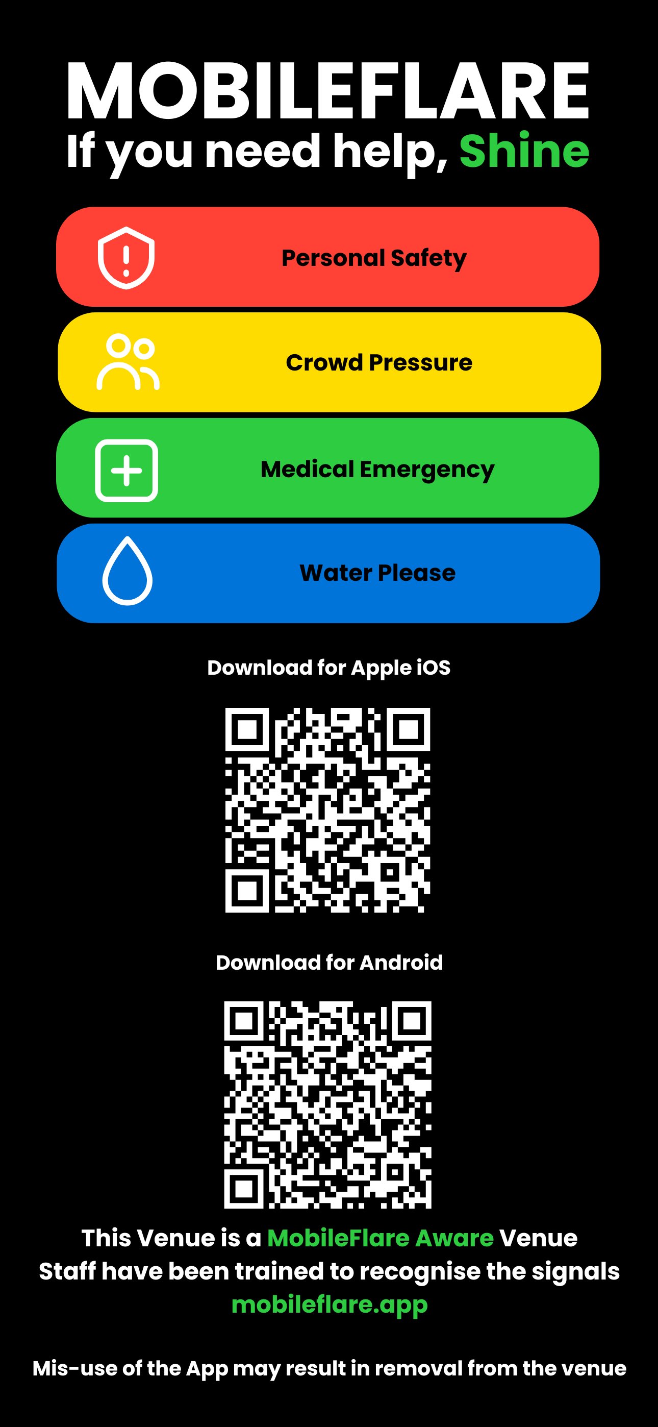 MobileFlare Publicity Card — showing all four colour-coded signals with QR codes for iOS and Android download